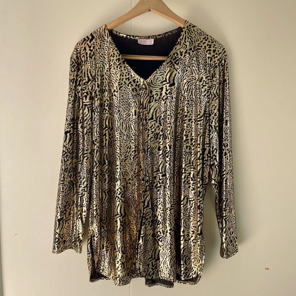 Lauren Lee Vintage Blouse Gold Shiny Vegas Cheetah Animal Print Flashy Top *READ